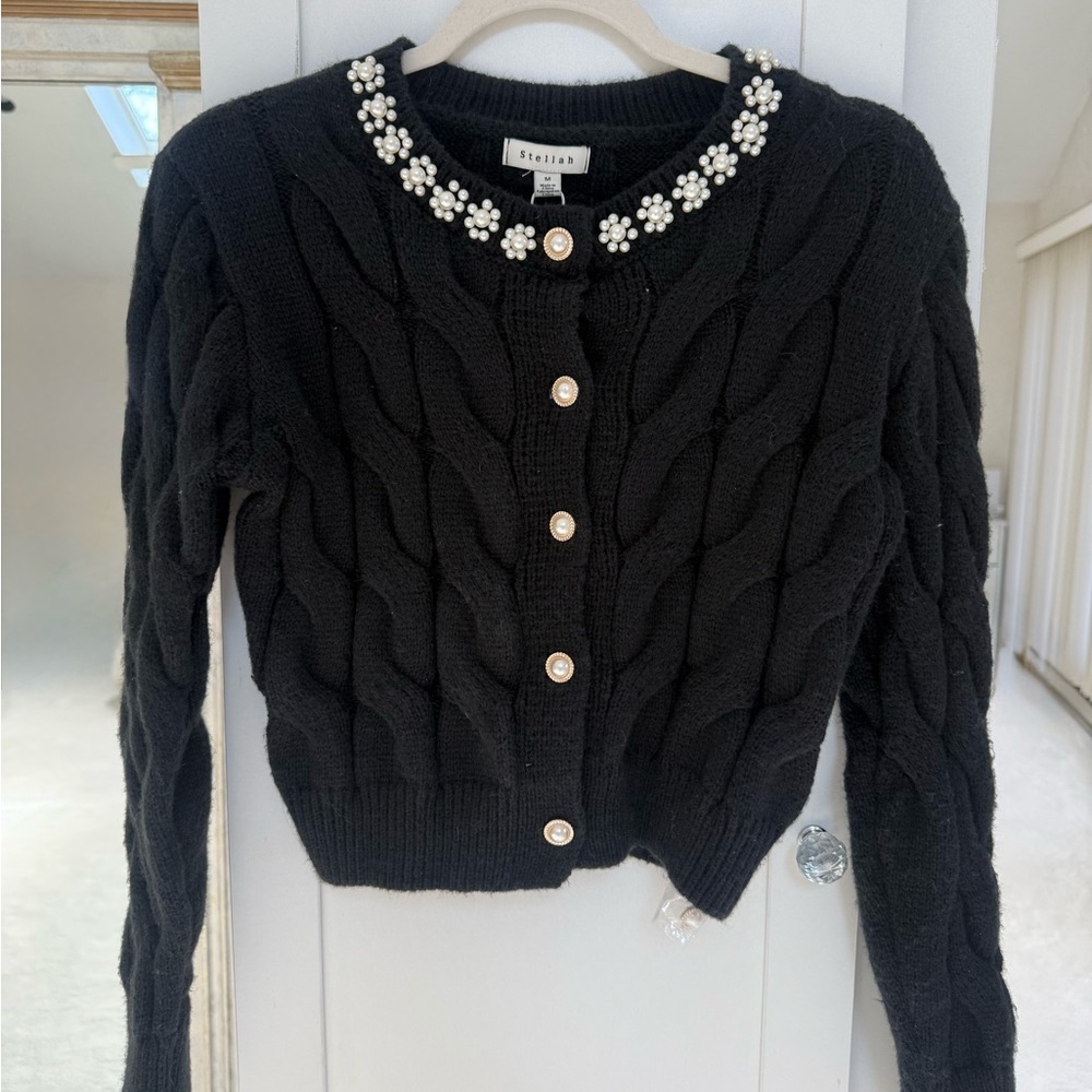 Stellah NYC Black Pearl-Embellished Cable Knit Cardigan size M
